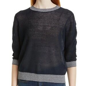 Veronica Beard Celia Navy Linen Blend Sweater with Striped Trim Size Medium